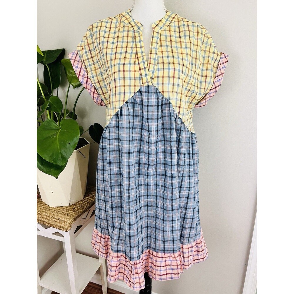 SensUniq Paris Colorful Patchwork Lightweight Cotton Lined Ruffle Dress Size M/L
